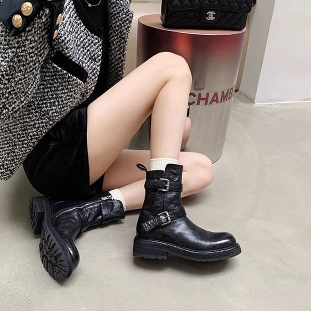 Buckled Genuine Platform Leather Boots Short Plain