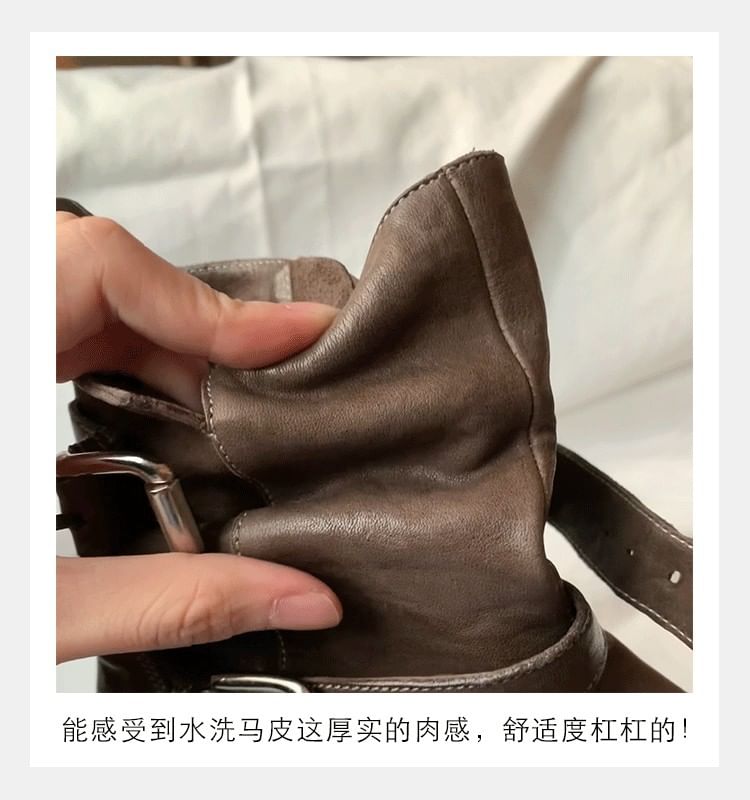 Buckled Genuine Platform Leather Boots Short Plain