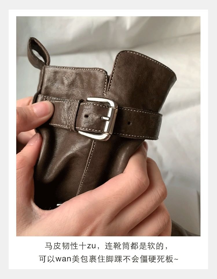 Buckled Genuine Platform Leather Boots Short Plain