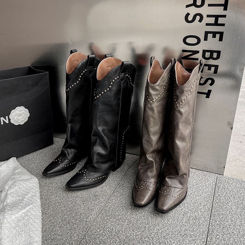 Leather Boots Genuine Heel Chunky Plain Cowboy Studded Tall