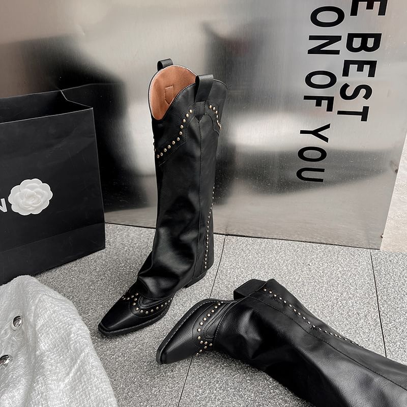 Leather Boots Genuine Heel Chunky Plain Cowboy Studded Tall