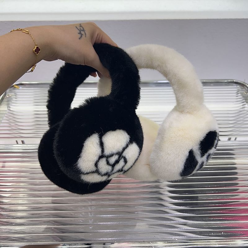 Floral Set Muffs Fluffy Print / Scarf Ear Bow