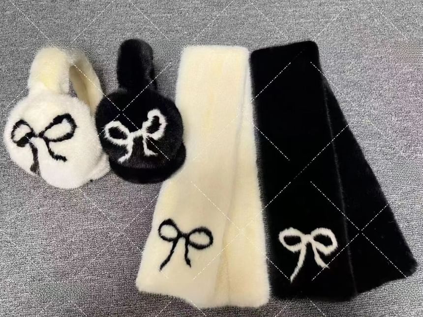 Floral Set Muffs Fluffy Print / Scarf Ear Bow