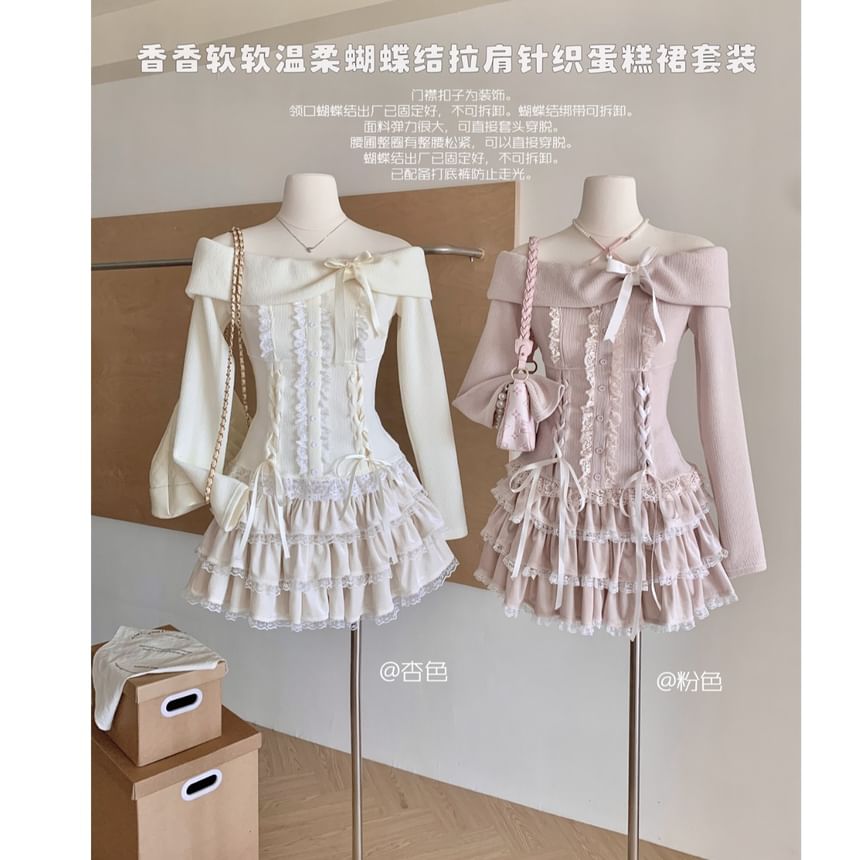 Skirt Ruffle Top Waist Long High Mini Sleeve A-Line Tiered Set: Lace Up Plain Off Shoulder + Bow