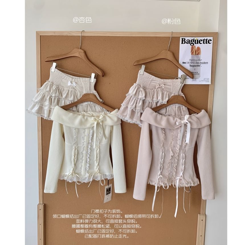 Skirt Ruffle Top Waist Long High Mini Sleeve A-Line Tiered Set: Lace Up Plain Off Shoulder + Bow