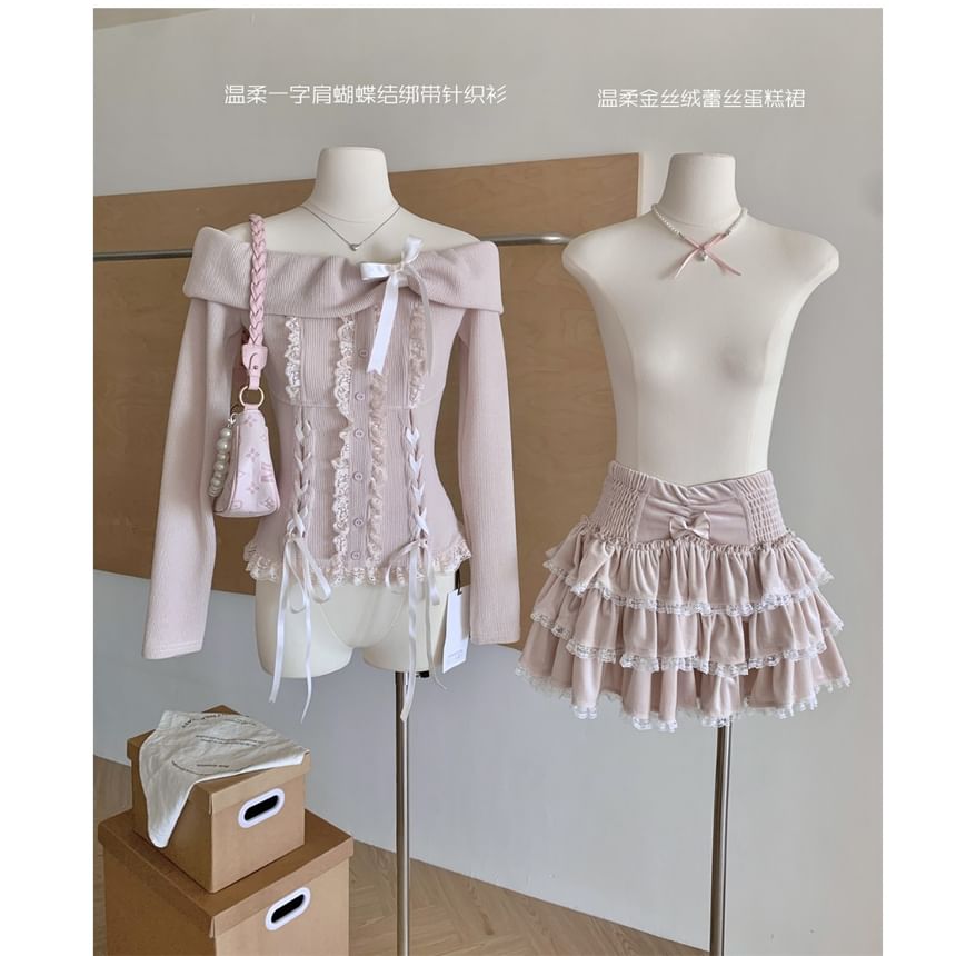 Skirt Ruffle Top Waist Long High Mini Sleeve A-Line Tiered Set: Lace Up Plain Off Shoulder + Bow