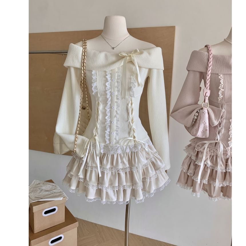 Skirt Ruffle Top Waist Long High Mini Sleeve A-Line Tiered Set: Lace Up Plain Off Shoulder + Bow