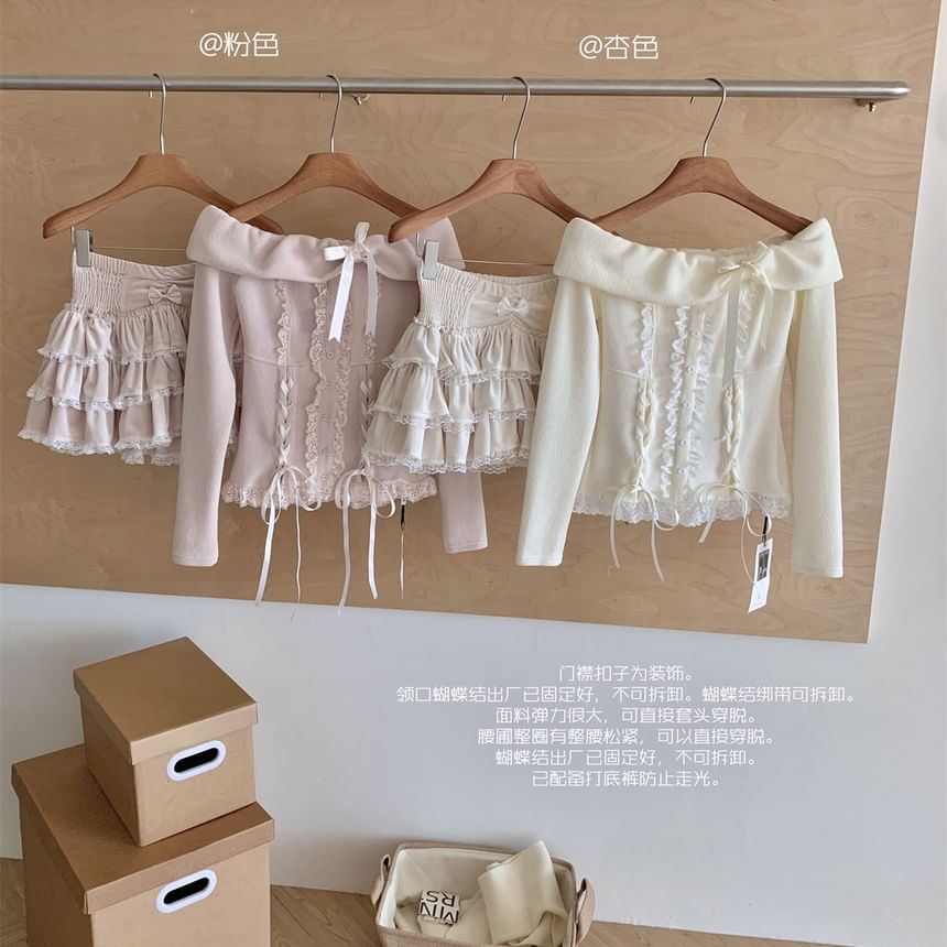 Skirt Ruffle Top Waist Long High Mini Sleeve A-Line Tiered Set: Lace Up Plain Off Shoulder + Bow