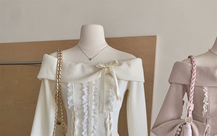 Skirt Ruffle Top Waist Long High Mini Sleeve A-Line Tiered Set: Lace Up Plain Off Shoulder + Bow