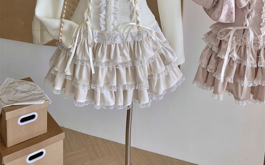 Skirt Ruffle Top Waist Long High Mini Sleeve A-Line Tiered Set: Lace Up Plain Off Shoulder + Bow