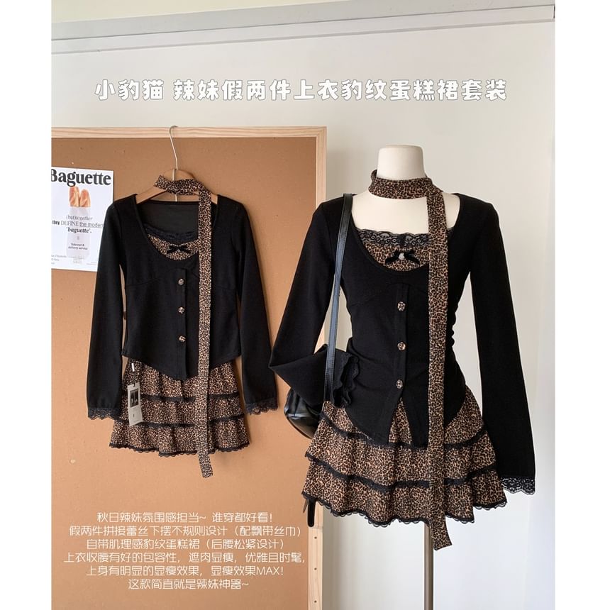 Set: Mini High Skirt + V-Neck Button-Up Top Tiered Waist Plain Print Long-Sleeve Leopard