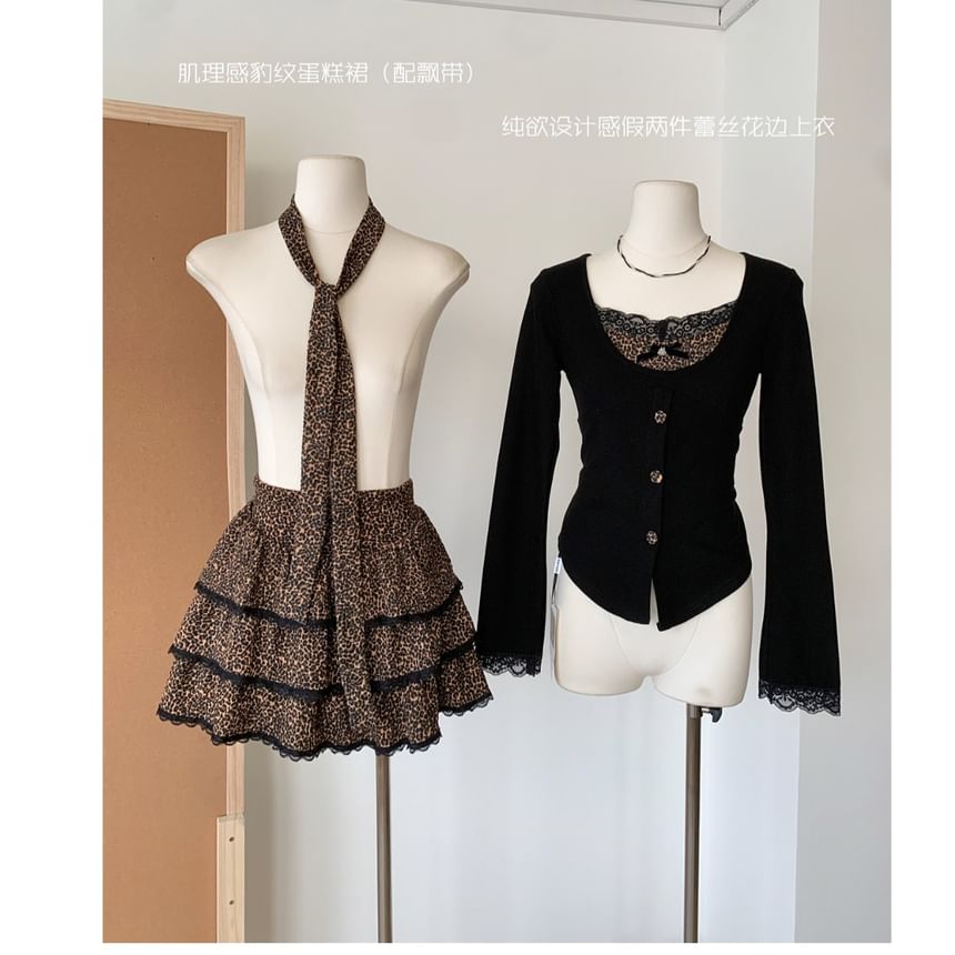 Set: Mini High Skirt + V-Neck Button-Up Top Tiered Waist Plain Print Long-Sleeve Leopard
