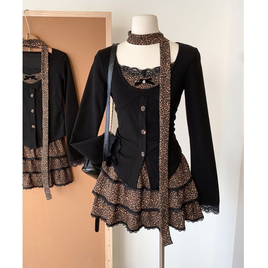 Set: Mini High Skirt + V-Neck Button-Up Top Tiered Waist Plain Print Long-Sleeve Leopard