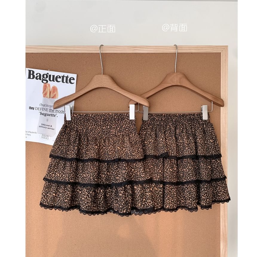 Set: Mini High Skirt + V-Neck Button-Up Top Tiered Waist Plain Print Long-Sleeve Leopard