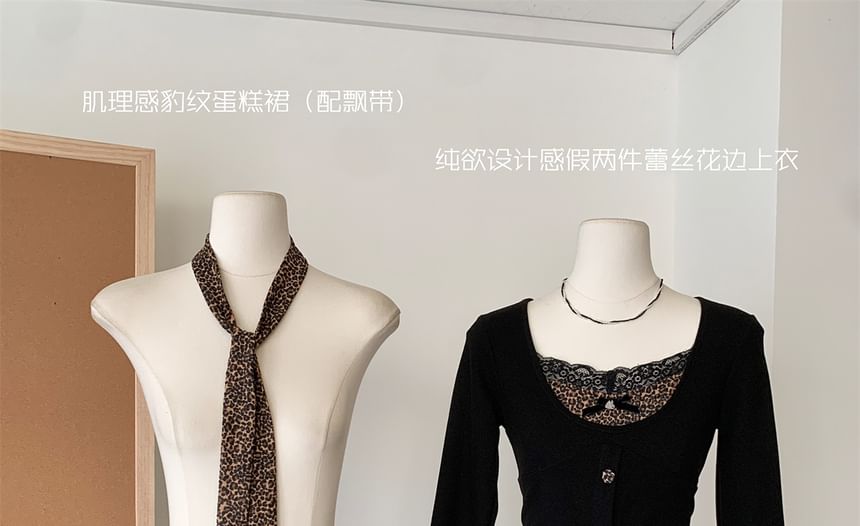 Set: Mini High Skirt + V-Neck Button-Up Top Tiered Waist Plain Print Long-Sleeve Leopard