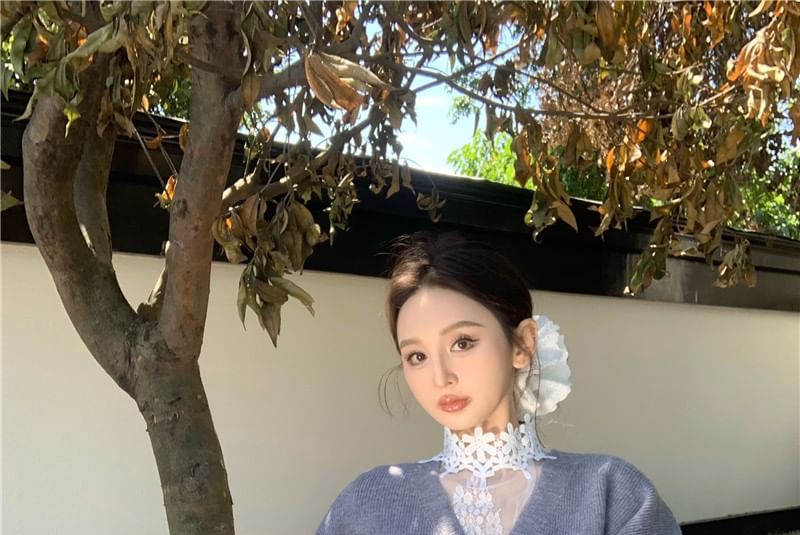 Shorts Neck High Cardigan Long-Sleeve Button-Up V-Neck Lace Waist Top /