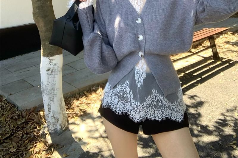 Shorts Neck High Cardigan Long-Sleeve Button-Up V-Neck Lace Waist Top /