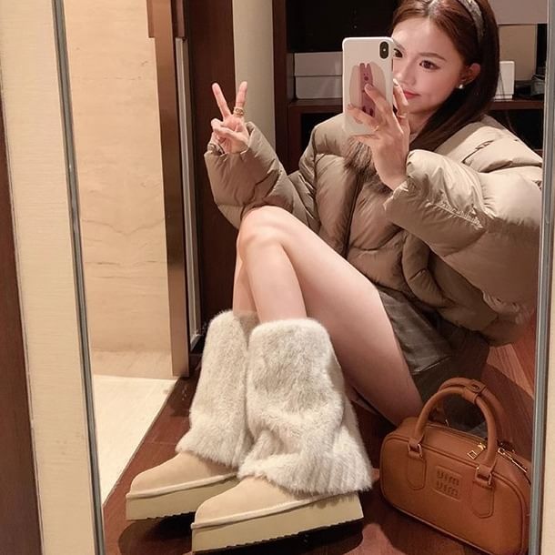 Calf Snow Platform Boots Fluffy Mid Panel