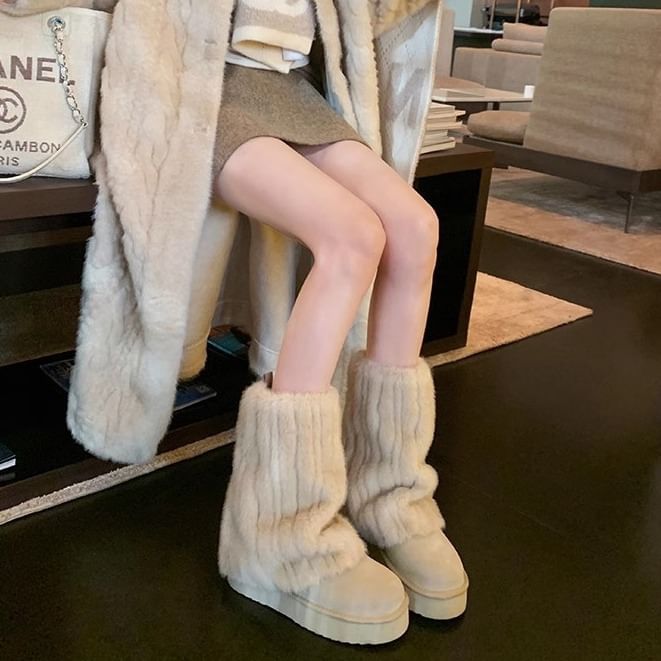 Calf Snow Platform Boots Fluffy Mid Panel