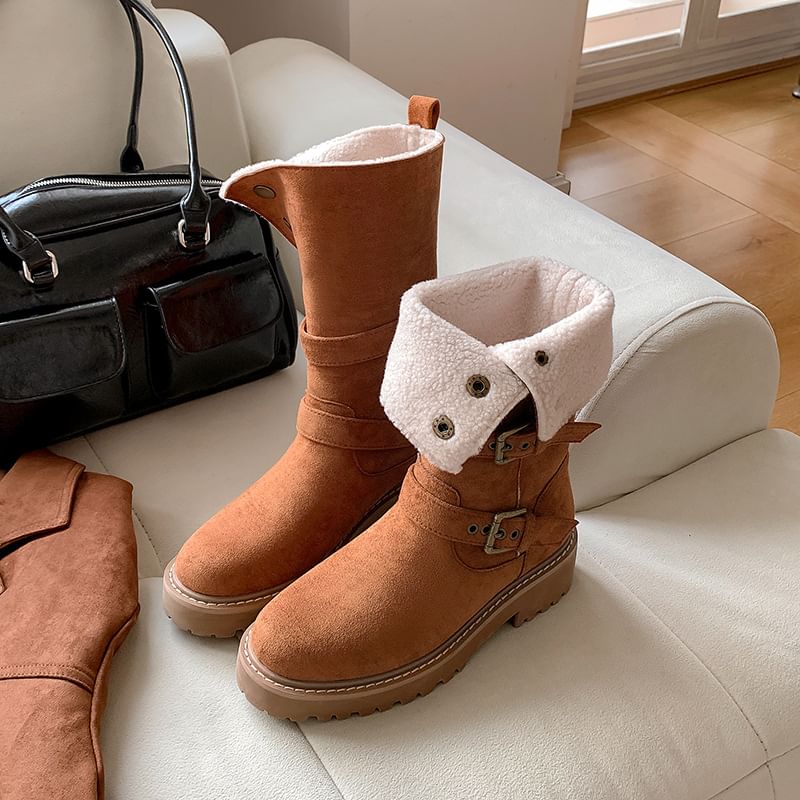 Button Buckled Calf Boots Platform Mid