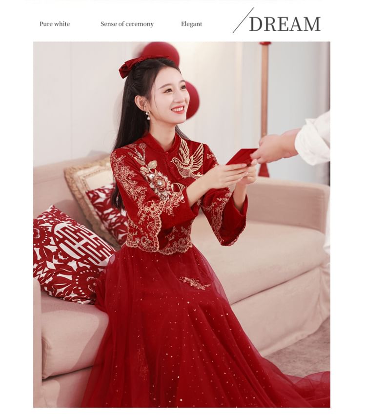 Sleeve Long Embroidered Dress Wedding Cheongsam