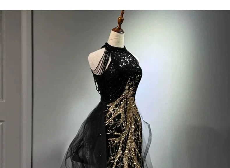 Maxi Halter Sleeveless Gown Evening Embroidered Neck Sequined