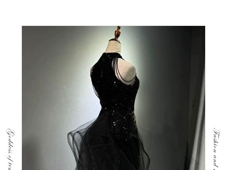 Maxi Halter Sleeveless Gown Evening Embroidered Neck Sequined