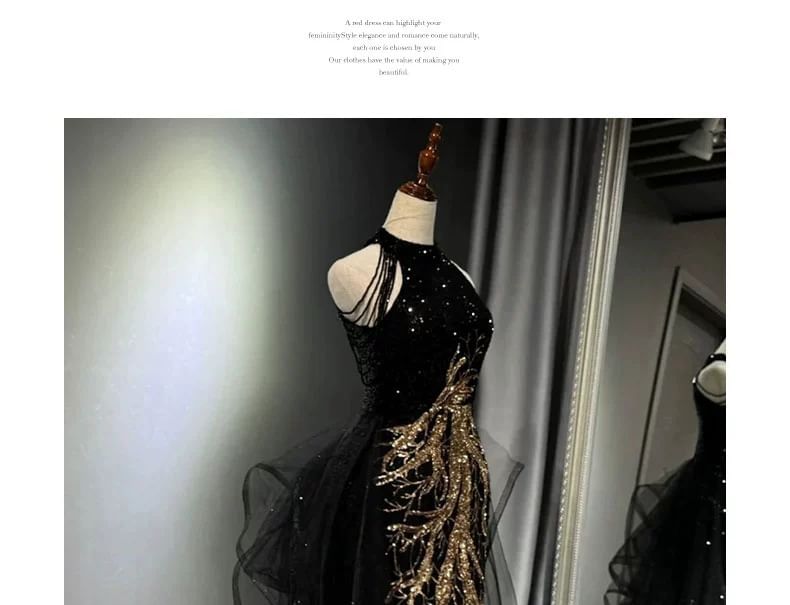 Maxi Halter Sleeveless Gown Evening Embroidered Neck Sequined