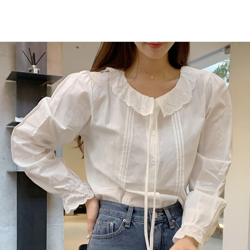 Long Sleeve Collared Plain Ruffle Pintuck Blouse