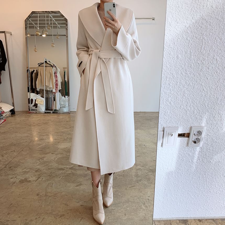 Collared Plain Midi Tie Front Coat