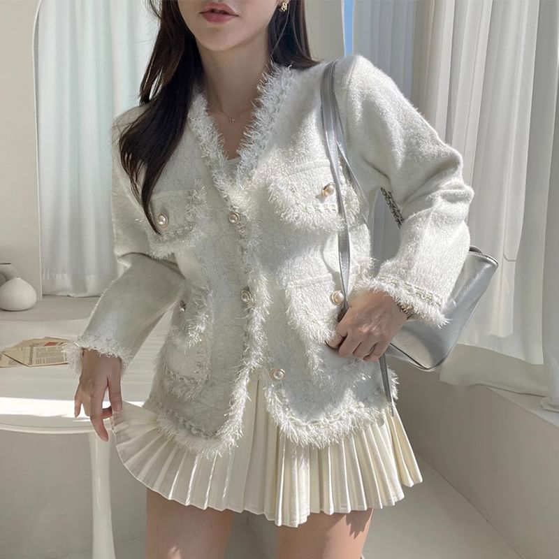 V-Neck Melange Fray Faux Pearl Button Jacket