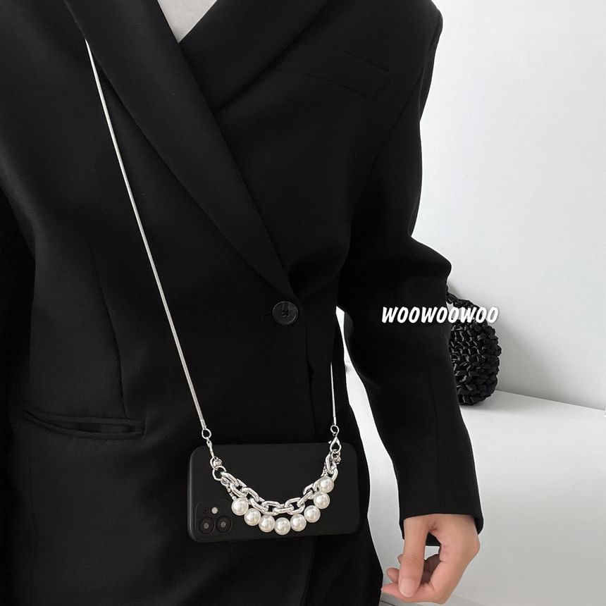 Case Faux / Lanyard Alloy Strap Phone Pearl