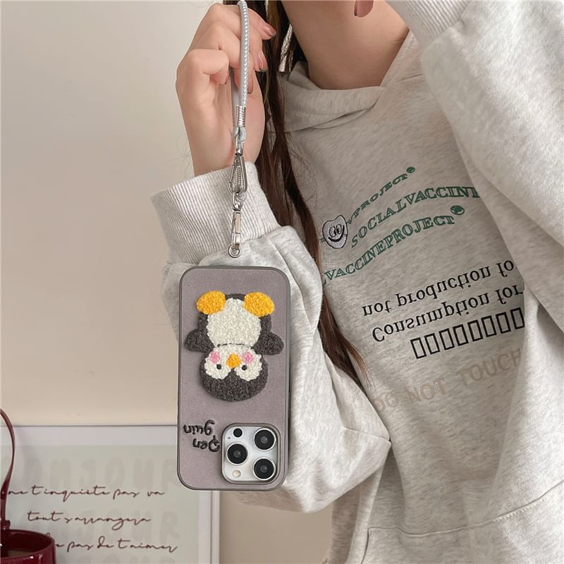 Penguin Embroidered Phone Case / Faux Leather Strap / Set - iPhone 16 Pro Max / 16 Pro / 16 Plus / 16 / 15 Pro Max / 15 Pro / 15 Plus / 15 / 14 Pro Max / 14 Pro / 14 Plus / 14 / 13 Pro Max / 13 Pro / 13 / 13 Mini