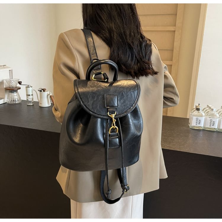 Flap Leather Plain Backpack Faux
