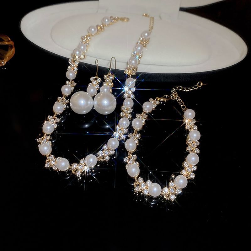 Pearl Faux Earring Bracelet / Drop Necklace Floral Rhinestone Hook