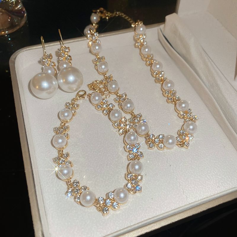 Pearl Faux Earring Bracelet / Drop Necklace Floral Rhinestone Hook