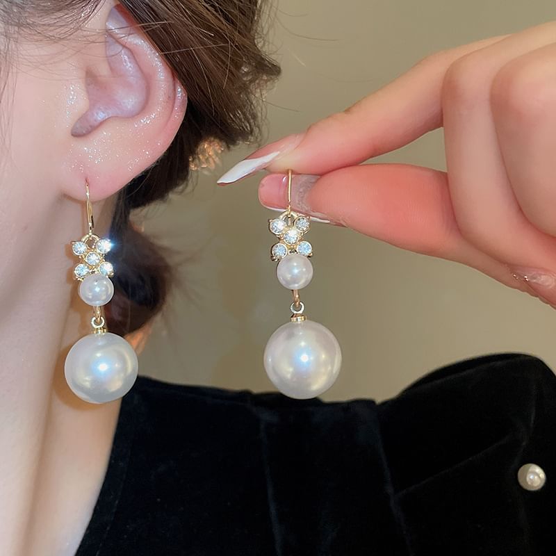 Pearl Faux Earring Bracelet / Drop Necklace Floral Rhinestone Hook