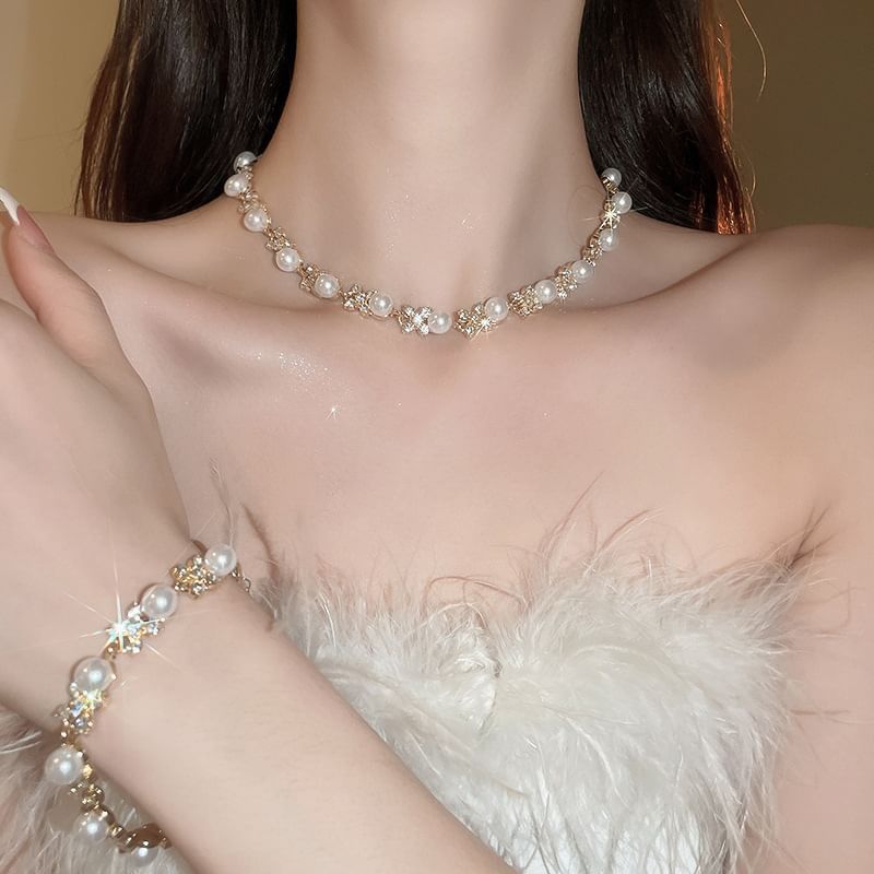 Pearl Faux Earring Bracelet / Drop Necklace Floral Rhinestone Hook