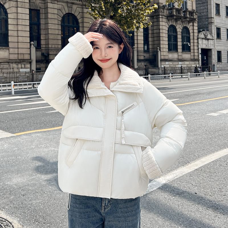 Collared Plain Zip-Up Puffer Jacket