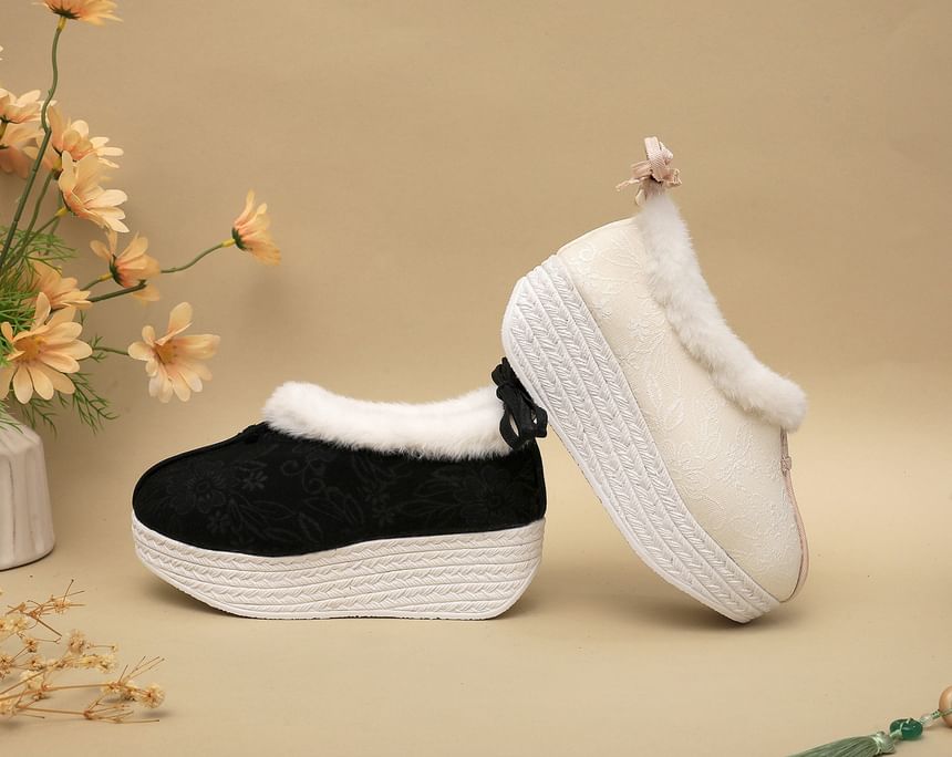 Fleece-Lined Pumps Wedge Platform Bow Heel
