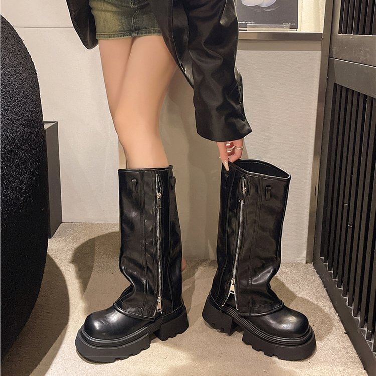 Zip High Platform Boots Knee Buckled Panel