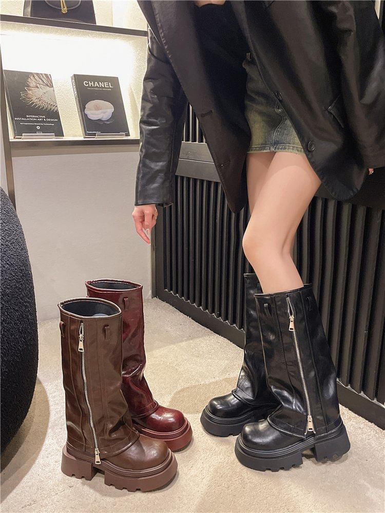 Zip High Platform Boots Knee Buckled Panel