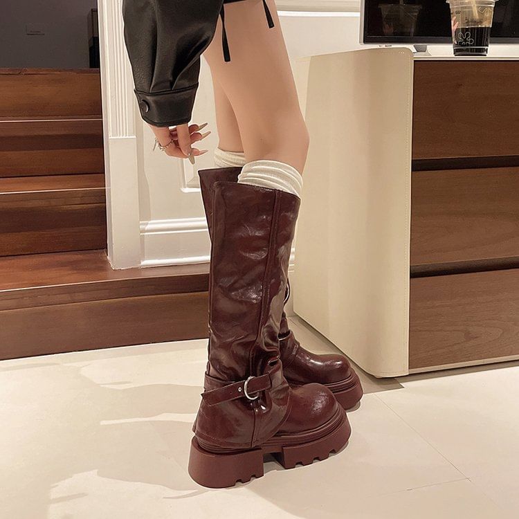 Panel Platform Knee Buckled High Boots