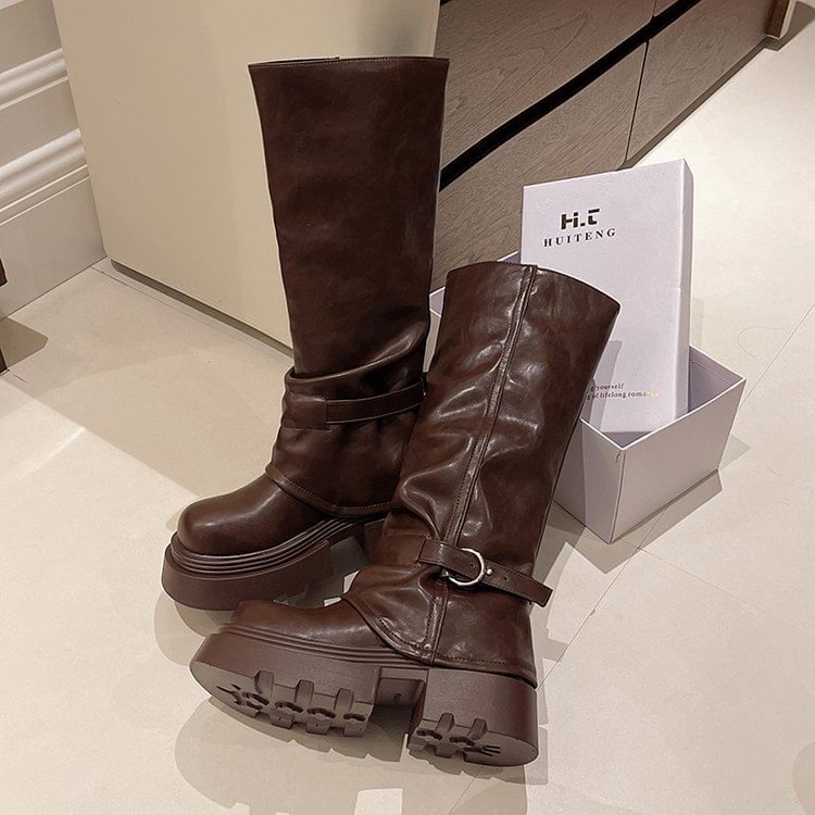 Panel Platform Knee Buckled High Boots