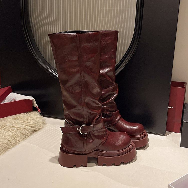 Panel Platform Knee Buckled High Boots