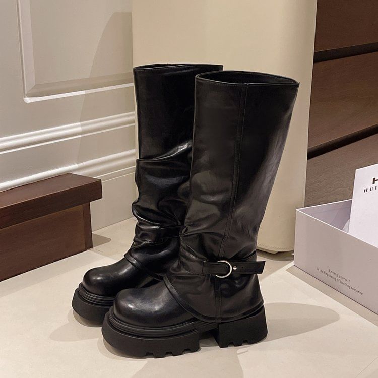 Panel Platform Knee Buckled High Boots