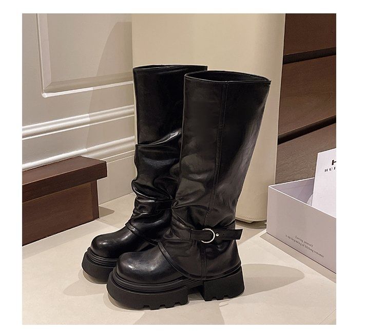 Panel Platform Knee Buckled High Boots