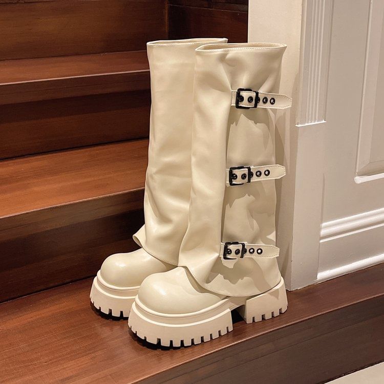 Boots Knee Platform Buckled Panel High