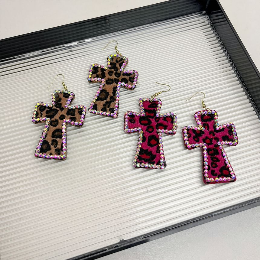 Rhinestone Leopard Cross Drop Earring