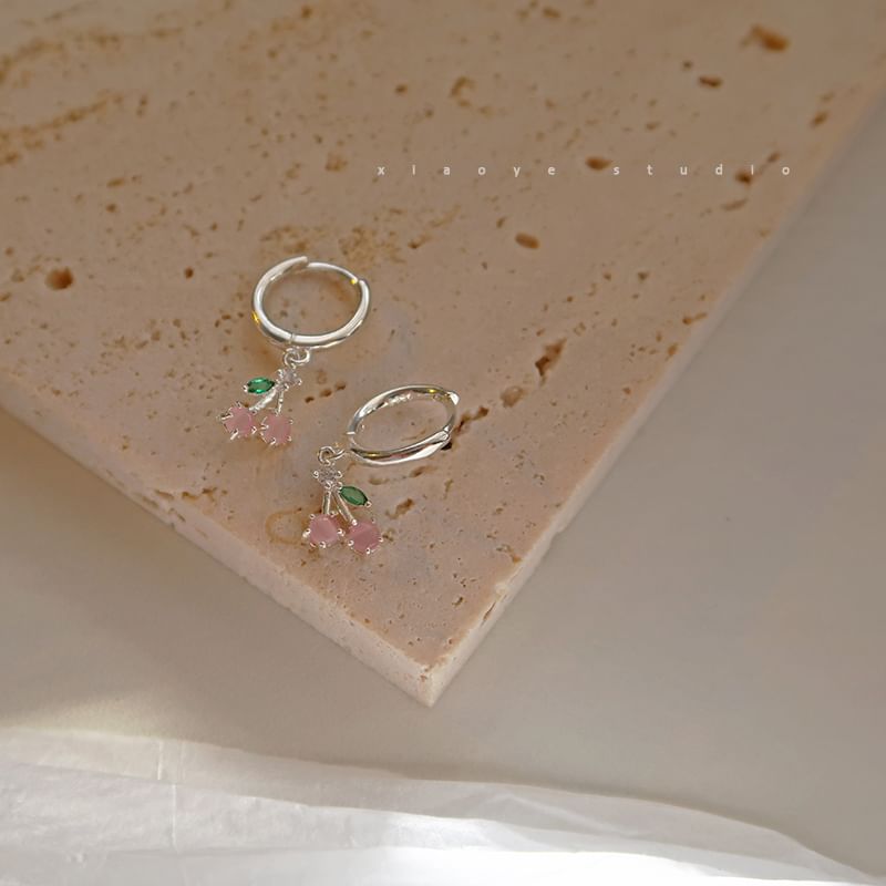 Drop 925 Sterling Cherry Rhinestone Earring Silver Hoop